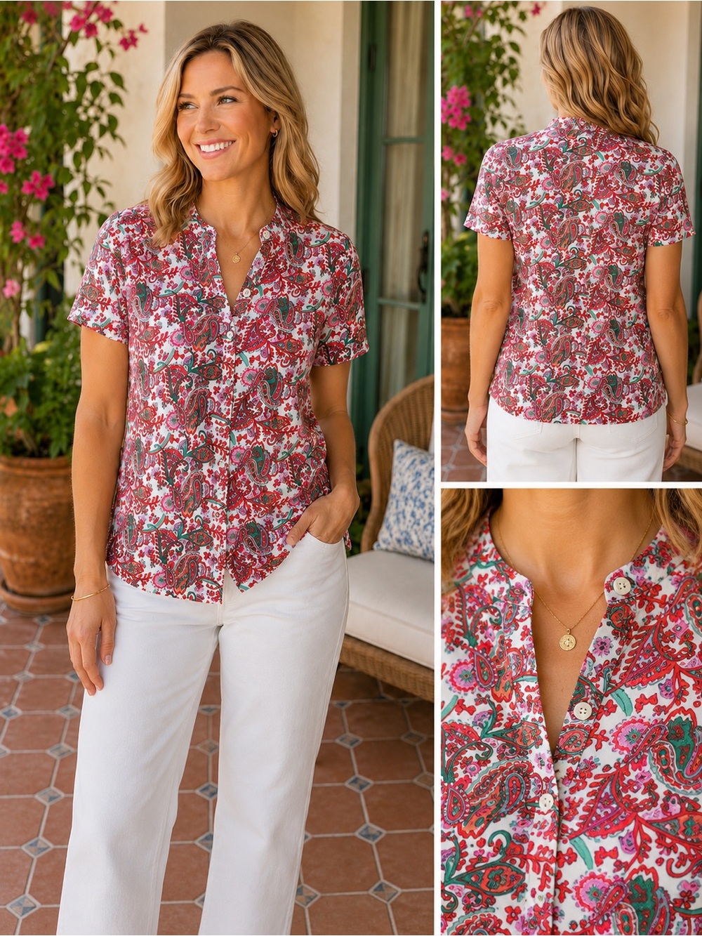 Boden Isla Jersey Top Fantastical Paisley Print Button Front Top Size US 8